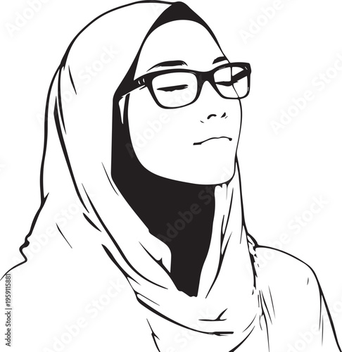 Hand Drawn Woman Wearing Hijab Black and White Avatar Illustration in Minimal Solid Art Style Design