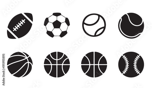 Assorted flat sport balls icons including football, soccer, tennis, basketball, baseball