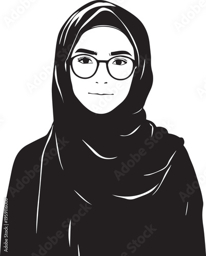 Hand Drawn Woman Wearing Hijab Black and White Avatar Illustration in Minimal Solid Art Style Design