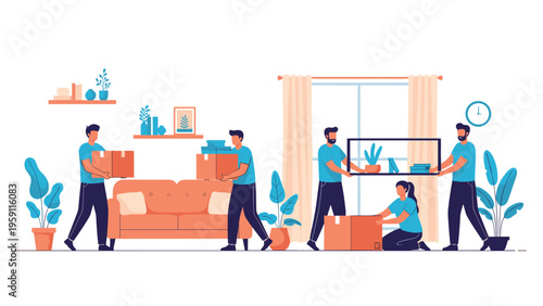 Professional team of movers carrying heavy boxes and furniture to help a family relocate into their new home living room environment.