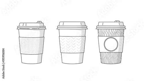 Three white takeaway coffee cups with different textured cardboard sleeves and lids arranged in a row for branding and mockup display.