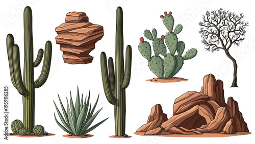 Vector illustration set of arid desert landscape elements featuring various saguaro cacti, prickly pears, agave plants, and red rocks.