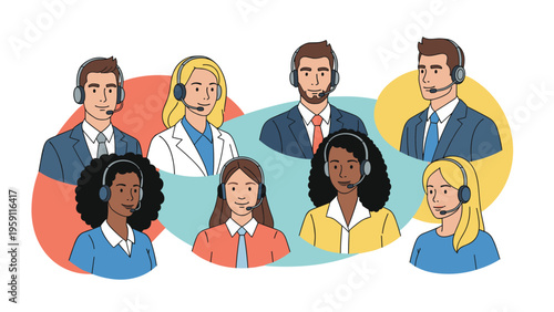 Collection of customer service agents in circles representing a global support team ready to help clients with various business inquiries.