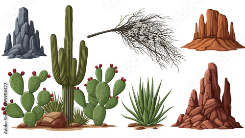 Detailed collection of southwestern desert vegetation including tall cacti, succulents, dry bushes, and rugged mountain rock formations.