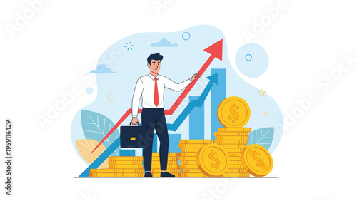 Successful businessman standing by stacks of gold coins while pointing at rising financial growth arrows on a blue background illustration.