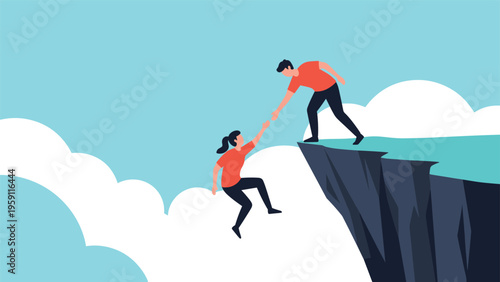 Person standing on a high cliff reaching down to help a climbing companion in a symbolic gesture of teamwork, support, and friendship.