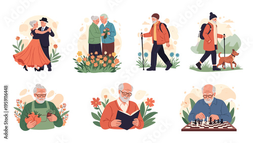 Active seniors enjoying various hobbies including dancing, gardening, reading, playing chess, and hiking together in a healthy lifestyle set.