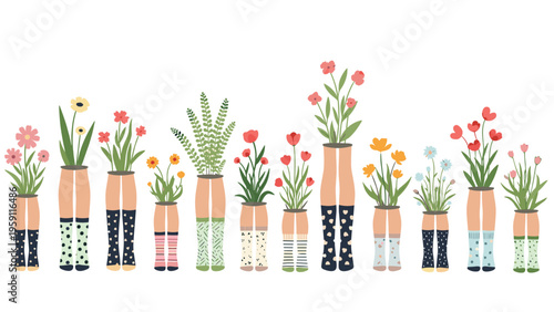 Creative row of human legs wearing patterned socks acting as vases for different colorful flowers and green leaves on a white background.