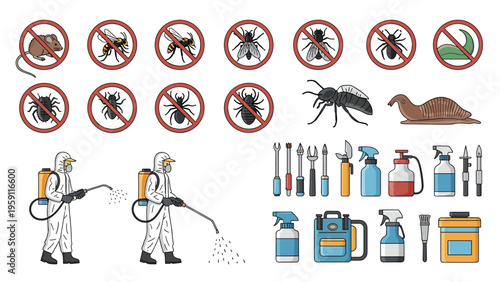 Professional pest control service set featuring exterminators in suits, various insects, rodents, and chemical spray equipment icons.