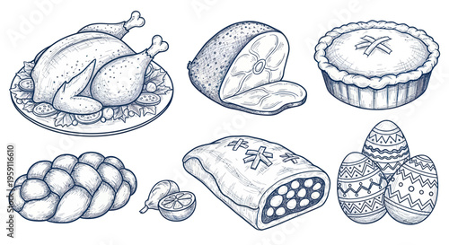 Hand-drawn Festive Food Collection: Roast Turkey, Ham, Pie, Bread, Strudel, Easter Eggs