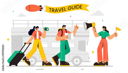 Travel guide illustration with people and a bus