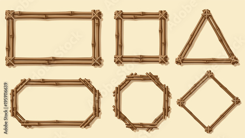 Six brown bamboo frames in various geometric shapes including rectangle, square, triangle, and circle for tropical themed designs.