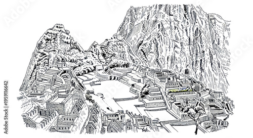 Ink Sketch of Machu Picchu, Peru: Ancient Inca Citadel in Andes Mountains