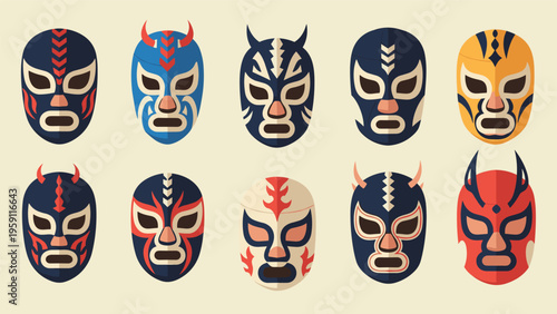 Collection of ten colorful traditional mexican lucha libre wrestling masks with various patterns and designs on a pale background.