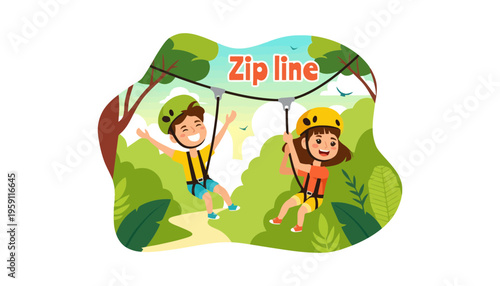 Zip line illustration of two happy children in a forest