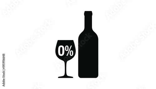 A wine bottle and glass icon with 0% alcohol content label