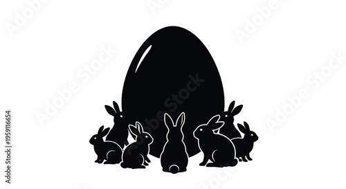Black and white vector graphic illustration depicting several cute rabbits surrounding a large Easter egg silhouette design