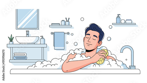 Relaxed man enjoying a warm bubble bath in a modern white bathroom while washing himself with a yellow sponge.