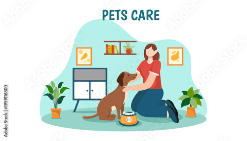 Pet care illustration of a woman with her dog at home