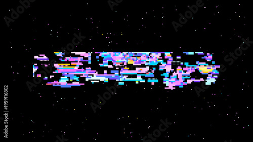 Futuristic glitch vector showing digital transformation, retro gaming UI mood and red pink highlights for modern tech design. Dark background with subtle noise enhances contrast. Ideal for tech bra...