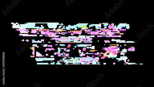 Pixelated glitch vector with red pink tones, digitalism concept in retro gaming UI aesthetics for tech and gaming use. Dark background with subtle noise enhances contrast. Ideal for tech branding,...