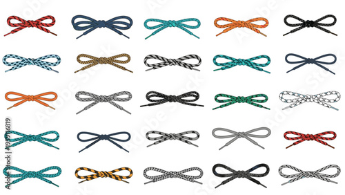 Collection of various colorful and patterned shoelace bows presented in a neat grid on a clean white background.
