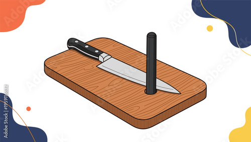 Professional chef knife and a honing steel placed on a wooden cutting board against a colorful abstract background.