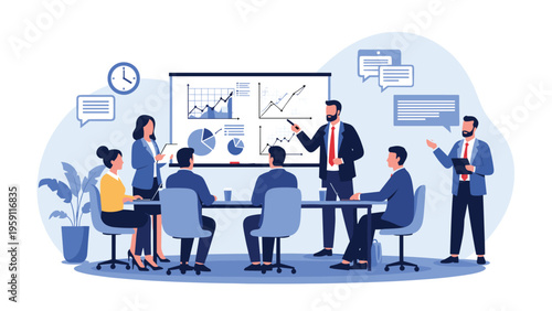 Professional business team conducting a meeting with a detailed presentation on a whiteboard in a modern office space.