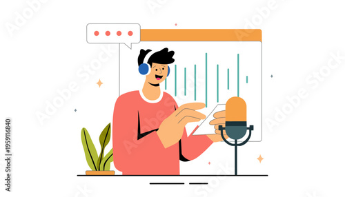 A man podcasting with a microphone and smartphone in a studio