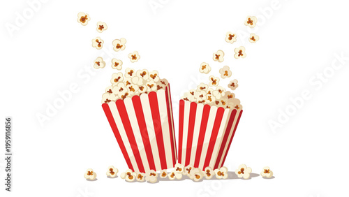 Two classic striped red and white popcorn boxes filled with delicious crunchy popcorn kernels falling in the air.