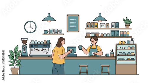 Cozy cafe interior featuring baristas serving customers and various coffee making equipment and decorative plants.