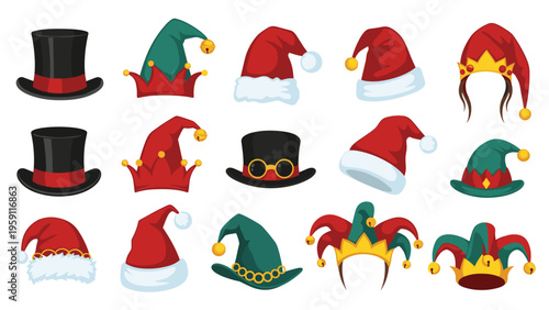 Diverse collection of festive hats including jester, santa claus, wizard, and steampunk styles with unique decorations.