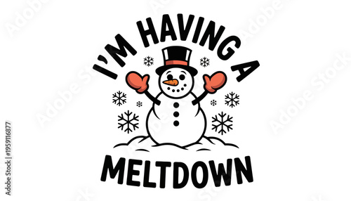 Snowman illustration having a meltdown with top hat and snowflakes