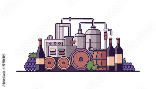 A wine factory vector illustration with grapes and bottles
