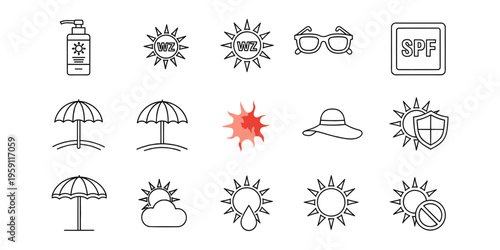 A simple set of colorful vector icons showing weather and nature elements like sun, clouds, 