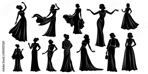  Women evening gown silhouettes in elegant poses, formal fashion styles with accessories, vintage dress design inspiration, flat vector illustration