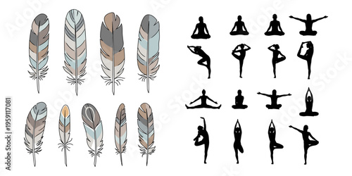  Yoga pose silhouettes with meditation and balance postures, artistic feather illustrations in muted tones, mindfulness, tranquility, flat vector illustration
