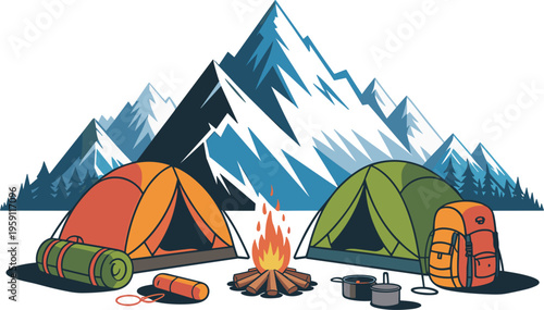 Mountain camping scene without people landscape vector on white background.