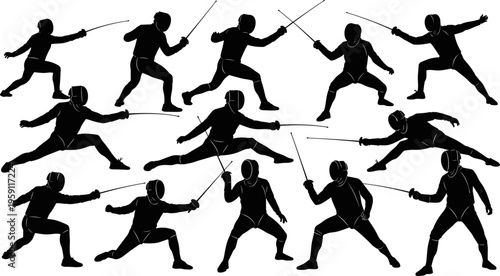 Fencing silhouettes with swords, dynamic offensive and defensive stances, protective gear, sport technique illustration, martial art design, flat vector illustration