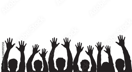 Crowd silhouette with raised hands, black and white vector of people cheering, group of fans celebrating at concert or protest event