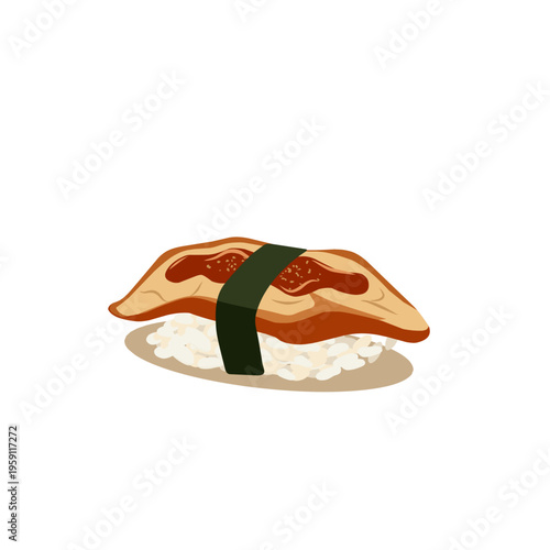 Japanese eel sushi illustration with glazed unagi on rice and seaweed wrap, isolated on clean background. Flat minimal style ideal for menu design, restaurant branding, and food content