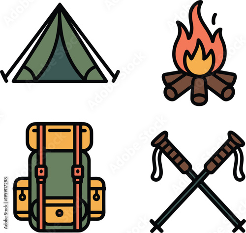 Tents campfires backpack and hiking poles vector on white background.