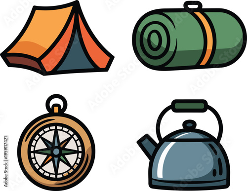 Tent sleeping bag compass kettle colorful vector on white background.