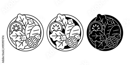 Salad Plate Top View Outline Icon Fresh Healthy Food Minimal Monochrome Style Set