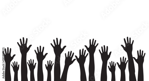 Black silhouette hands raised in air, crowd of people reaching up, community support and volunteer teamwork vector illustration