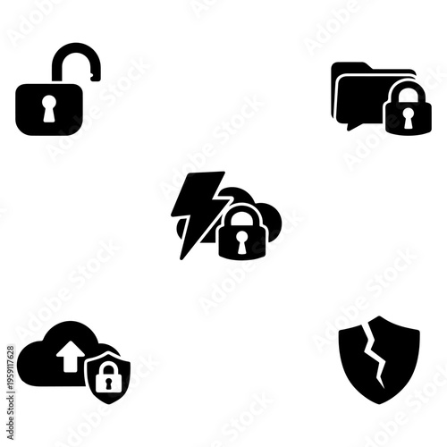 Unlocked Padlock Security Vulnerability Icon Set
Minimalist 2px stroke vector icons for security vulnerability, data breach, and unlocked access.
