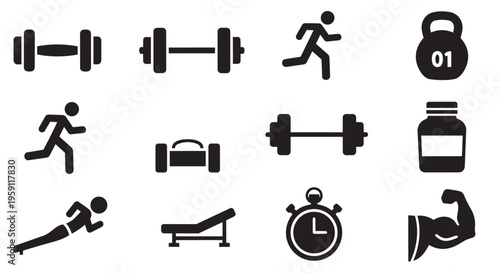 Fitness and gym icon set, black silhouette workout symbols for bodybuilding and cardio, 12 vector elements for sports app and health tracking