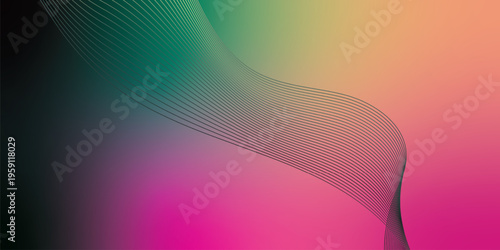 Glowing Salmon, DeepPink, green, and black gradient ribbons rising smoothly from a dark shadowed base against a grainy textured background with gentle luminous highlights, modern creative banner desig