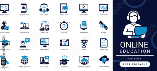 Online Education Solid Icon Set. E-learning, Virtual Class, Digital Book, Online Exam, Course, Student, Graduation. Editable Vector Illustration.