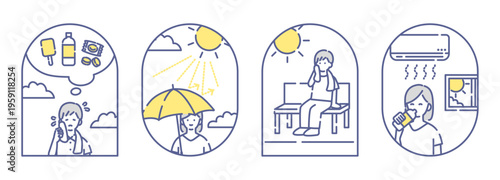 熱中症対策を表すアーチ型と丸型の線画アイコン4点セット 水分補給と日差し対策